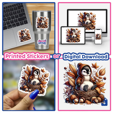 Collage featuring the Autumn Penguin in Cozy Sweater sticker on a laptop, a hand holding the sticker, and digital artwork of the penguin available from Decal Venue.