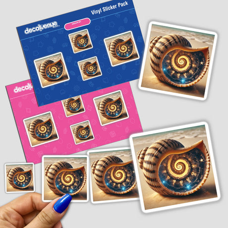 Hand holding a sticker pack titled Galactic Shipwreck Spaceship Ruins Inside a Seashell, featuring detailed shell designs and spaceship ruins inside, available as stickers or digital artwork.