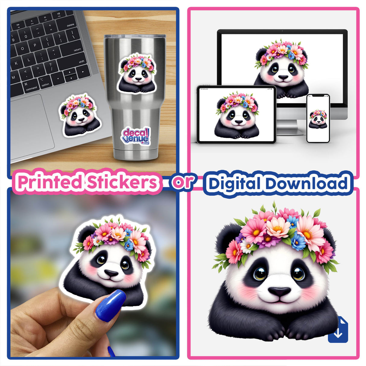 Sweet Panda Wearing a Flower Crown sticker collage, showcasing vibrant and whimsical designs. Perfect for personalizing belongings or digital use, aligning with Decal Venue's unique sticker and digital art collection.