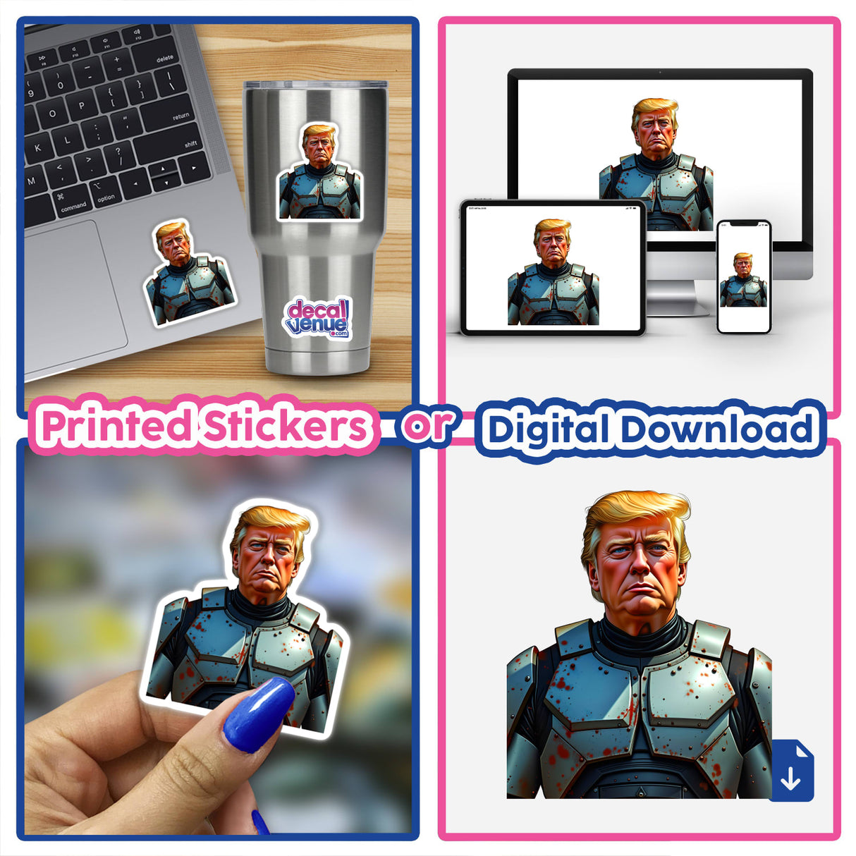 Collage featuring Futuristic President Donald Trump as a sticker and digital artwork, highlighting a man in armor with a bloodied face, reflecting Decal Venue's unique vinyl and digital art offerings.
