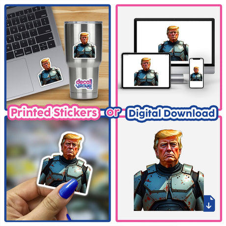 Collage featuring Futuristic President Donald Trump as a sticker and digital artwork, highlighting a man in armor with a bloodied face, reflecting Decal Venue's unique vinyl and digital art offerings.