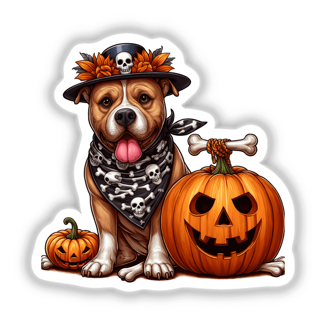Halloween Pitbull Dog and Pumpkins: A dog in a hat and bandana sits beside a pumpkin, available as stickers or digital artwork.