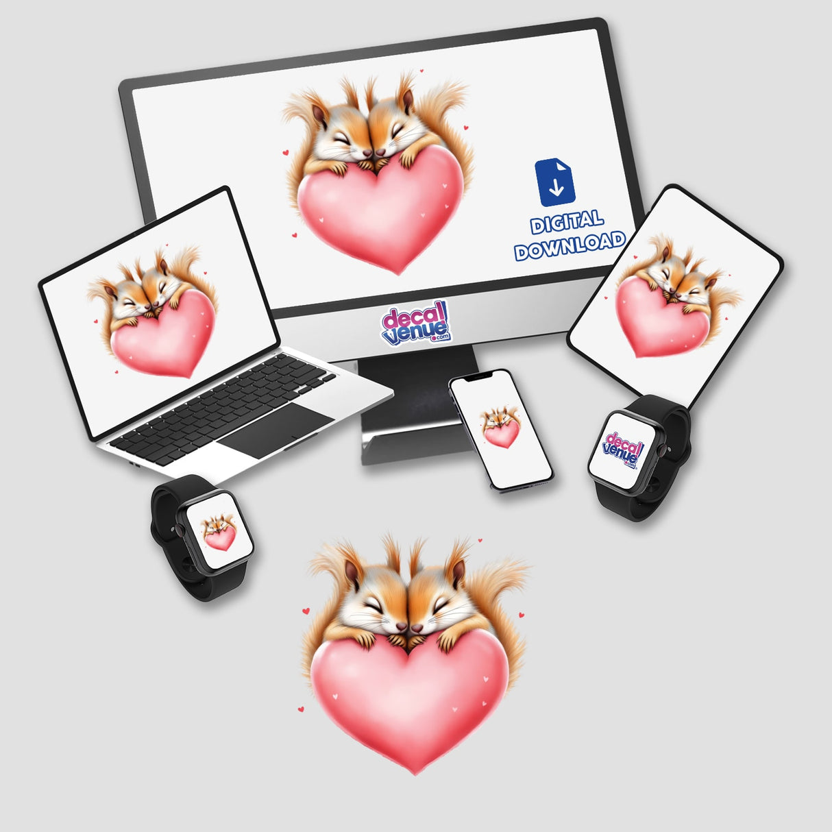 Snuggling Squirrels on a Heart sticker featuring two squirrels embracing a heart, perfect for journals and home décor. Ideal for adding playful charm and warmth to your space.