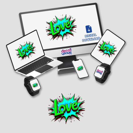 Love Valentine's Day theme displayed on a computer monitor and laptop screens, featuring digital artwork available as stickers. The design includes various tech devices, aligning with Decal Venue's unique art offerings.
