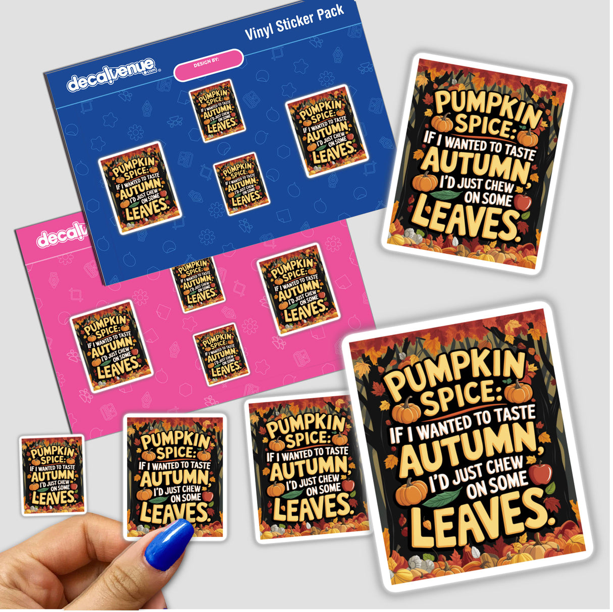 Hand holding a sticker pack titled Pumpkin Spice Funny Autumn Quote | Commercial Rights Fall Clipart, showcasing autumn-themed designs with text and leaves. Available as stickers or digital artwork.