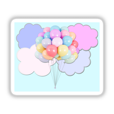 Pastel balloons floating among colorful cloud-shaped illustrations against a light blue background
