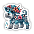 Adorable Schnauzer dog wearing a vibrant summer beach hat adorned with hibiscus flowers, surrounded by intricate floral patterns, digital artwork.