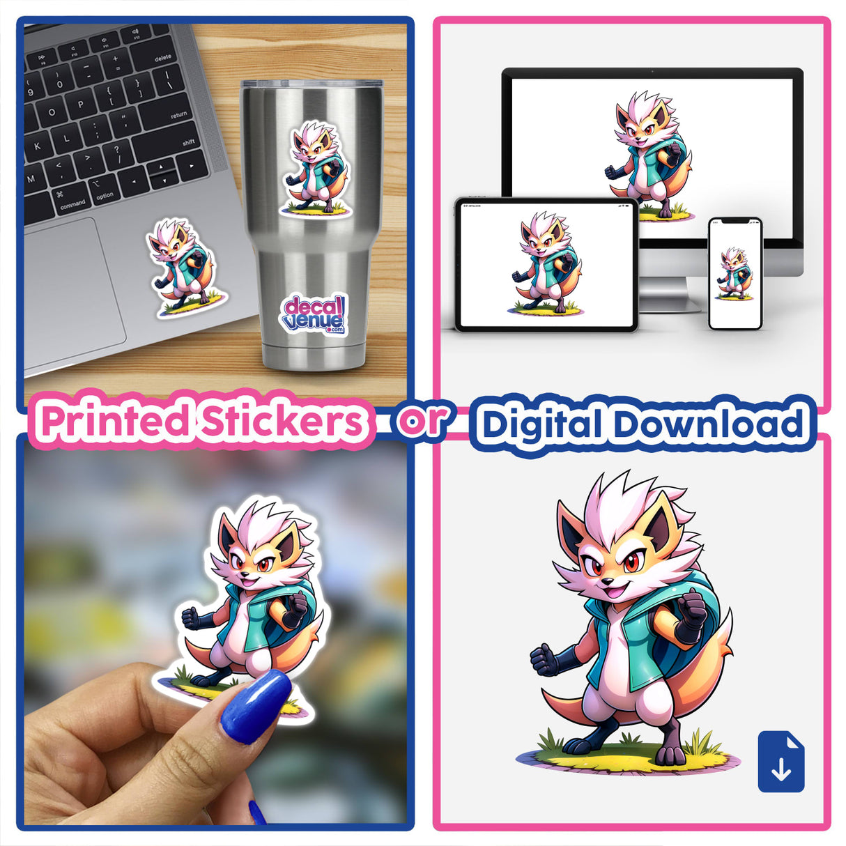 Furry Fighter - Shadow Striker The Hedgehog digital artwork and sticker featuring a cartoon fox, displayed on a laptop and computer screen. Ideal for unique vinyl decals or digital art enthusiasts.