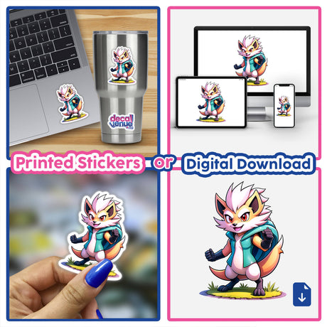 Furry Fighter - Shadow Striker The Hedgehog digital artwork and sticker featuring a cartoon fox, displayed on a laptop and computer screen. Ideal for unique vinyl decals or digital art enthusiasts.