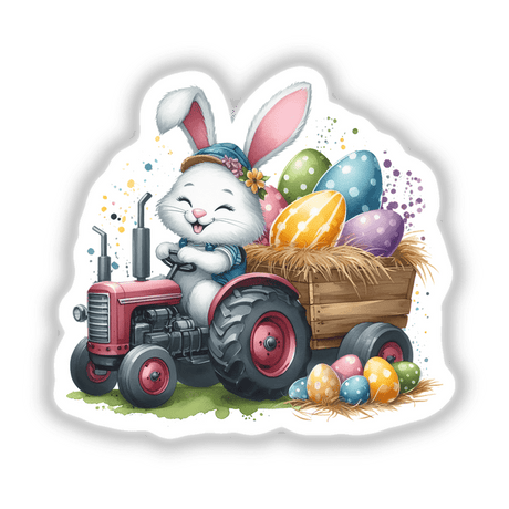 Easter Egg Bunny Tractor II: A whimsical cartoon of a rabbit driving a tractor laden with colorful eggs, available as stickers or digital artwork.