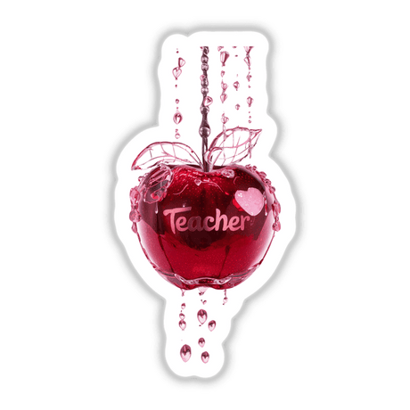 Vibrant red apple with "Teacher" text, surrounded by water droplets and a glassy effect, showcasing a unique digital art design.