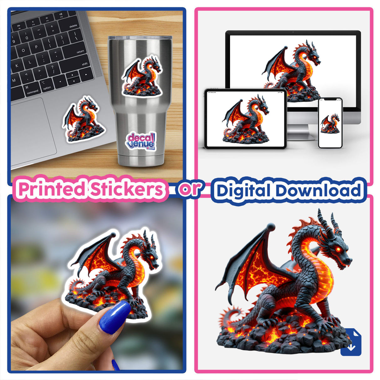 Molten Lava Dragon collage featuring dragon statues with flames, hand-held toys, and dragon stickers on laptops, highlighting unique sticker and digital artwork options from Decal Venue.