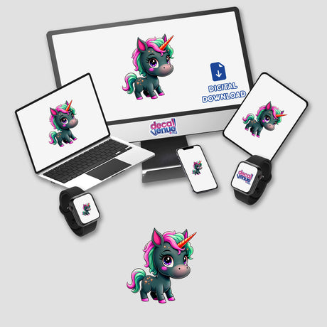 Cute And Magical Pony Unicorn displayed on a computer screen, featuring a whimsical cartoon unicorn. Available as stickers or digital artwork from Decal Venue, known for unique stickers and digital art.