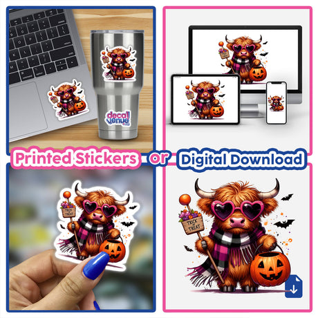 Halloween Highland Cow Trick or Treat II: A collage featuring a cartoon cow in sunglasses and a scarf, holding a pumpkin and a sign, available as stickers or digital artwork.