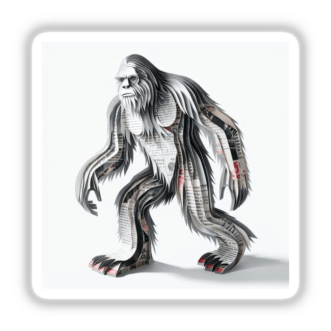 Sasquatch Newspaper Art: A detailed paper cut-out illustration of a Sasquatch, offered as stickers or digital artwork, showcasing intricate newspaper textures and sketch-like design elements.