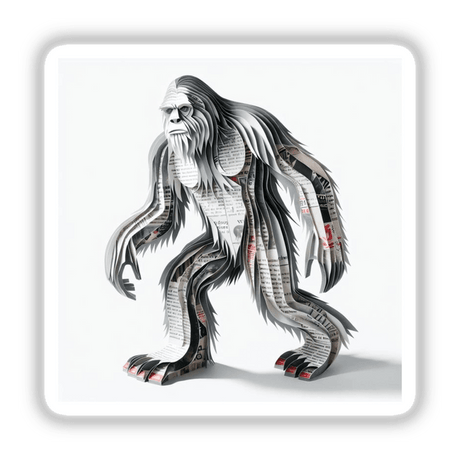 Sasquatch Newspaper Art: A detailed paper cut-out illustration of a Sasquatch, offered as stickers or digital artwork, showcasing intricate newspaper textures and sketch-like design elements.