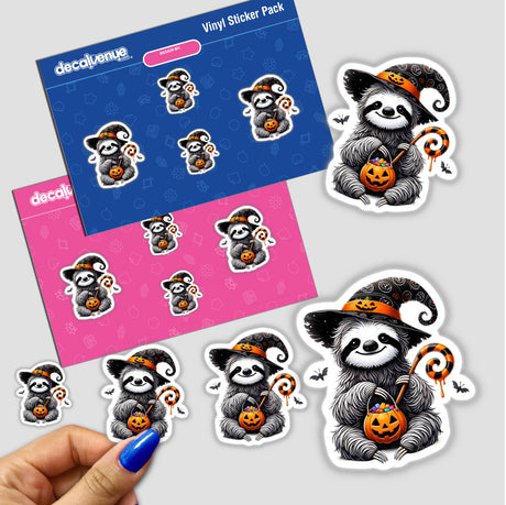 Halloween Sloth Trick or Treat Pumpkin sticker featuring a cartoon sloth holding a candy basket, ideal for festive decorations or digital use.