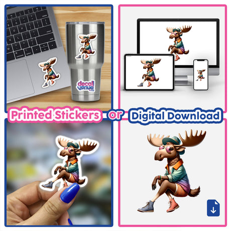 Moose in Fashionable Clothing stickers or digital artwork: collage of cartoon moose images, some with accessories, available as unique decals from Decal Venue.