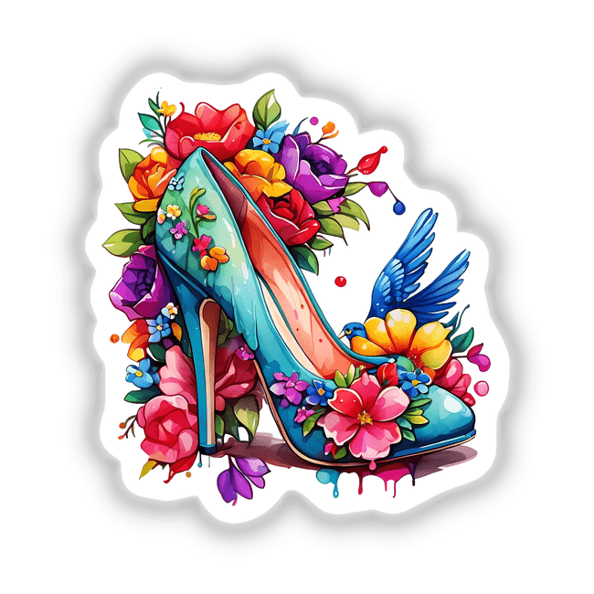 Floral Splash High Heels: A blue high-heeled shoe surrounded by artistic flower illustrations, available as unique stickers or digital artwork.