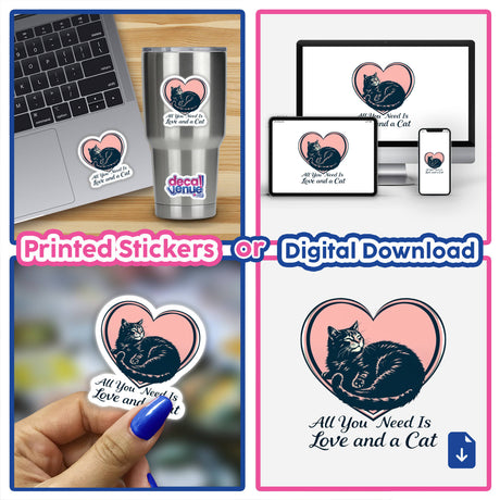 Collage featuring Cat Love stickers and digital artwork, showcasing various cat-themed designs including a laptop with cat decal and a person holding a cat sticker.