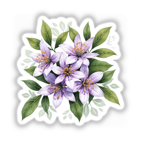 Elegant Citrus Blossom Clipart – Pale Purple Floral Design: a close-up of purple flowers with green leaves, perfect for adding quotes in blank spaces.