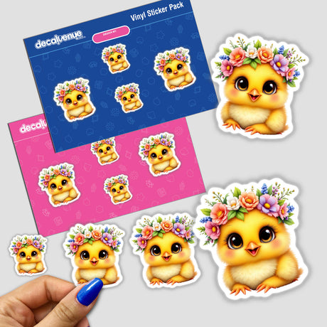 Baby Chick Wearing a Blooming Floral Crown stickers held by a hand, featuring cartoon chicks adorned with flowers, perfect for nurseries. Available at Decal Venue for unique vinyl stickers and digital art.