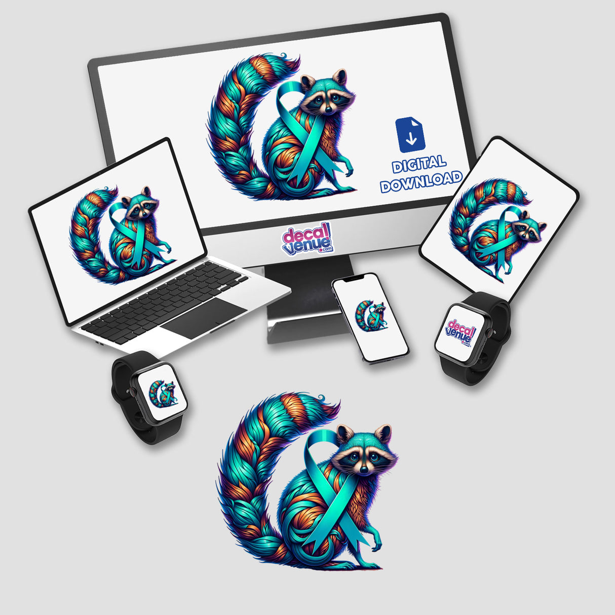 Raccoon Teal Ribbon Ovarian Cancer Awareness design on laptop, monitor, and smartwatch screens, available as stickers or digital artwork from Decal Venue.