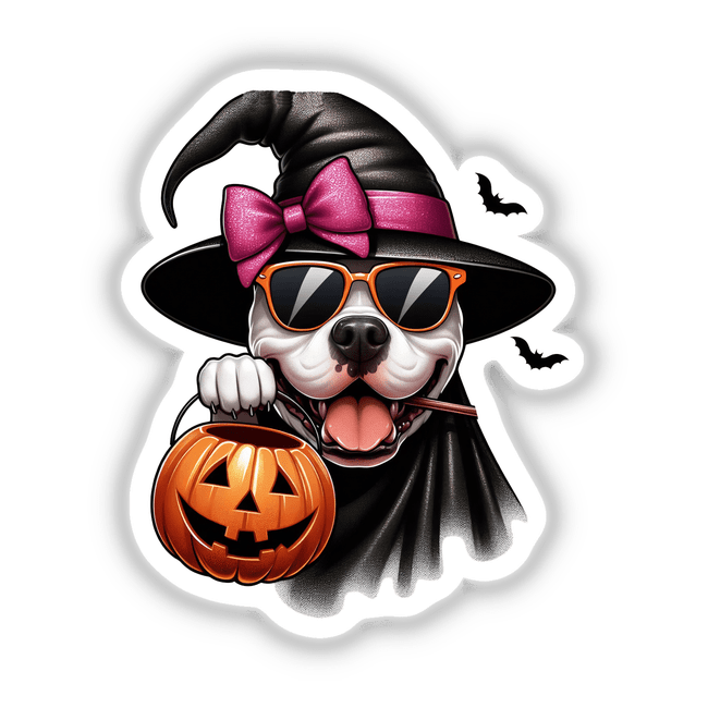 Halloween Trick or Treat Pitbull Bully Dog wearing a hat and sunglasses, holding a pumpkin. Available as stickers or digital artwork.