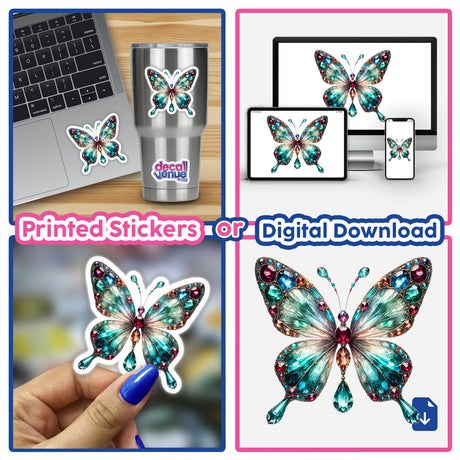Butterfly Jewels and Gemstones sticker displayed on a laptop, stainless steel cup, and close-up of a hand, highlighting its gem-studded butterfly design. Available as stickers or digital artwork.
