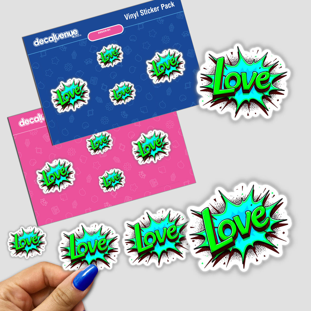 Love Valentine's Day stickers featuring various words and letters, available as both physical stickers and digital artwork from Decal Venue, offering unique graphic design options.