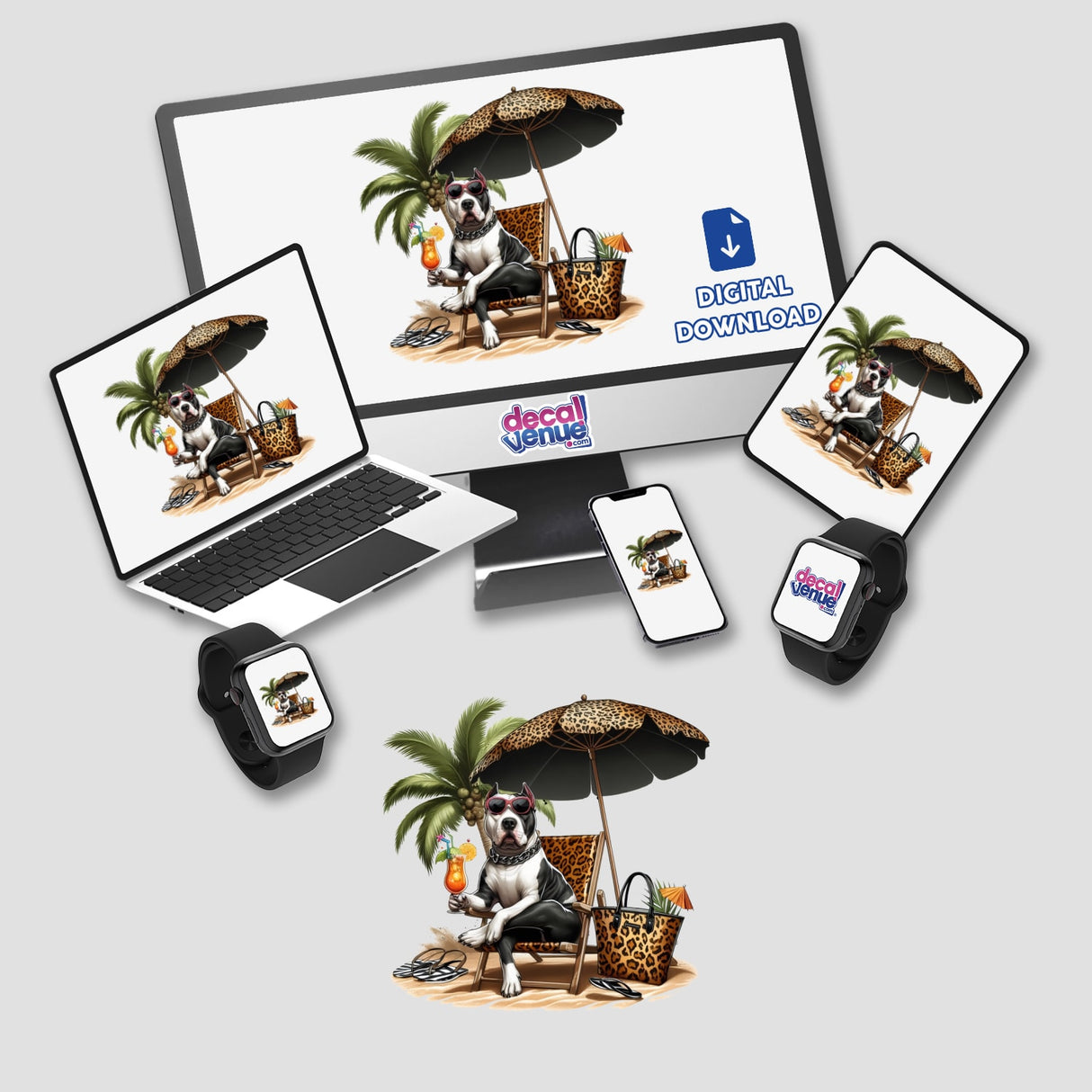 Pitbull Dog Having a Beach Day, depicted as a cartoon on various devices, showcasing a dog lounging on a beach chair under an umbrella. Available as stickers or digital artwork from Decal Venue.