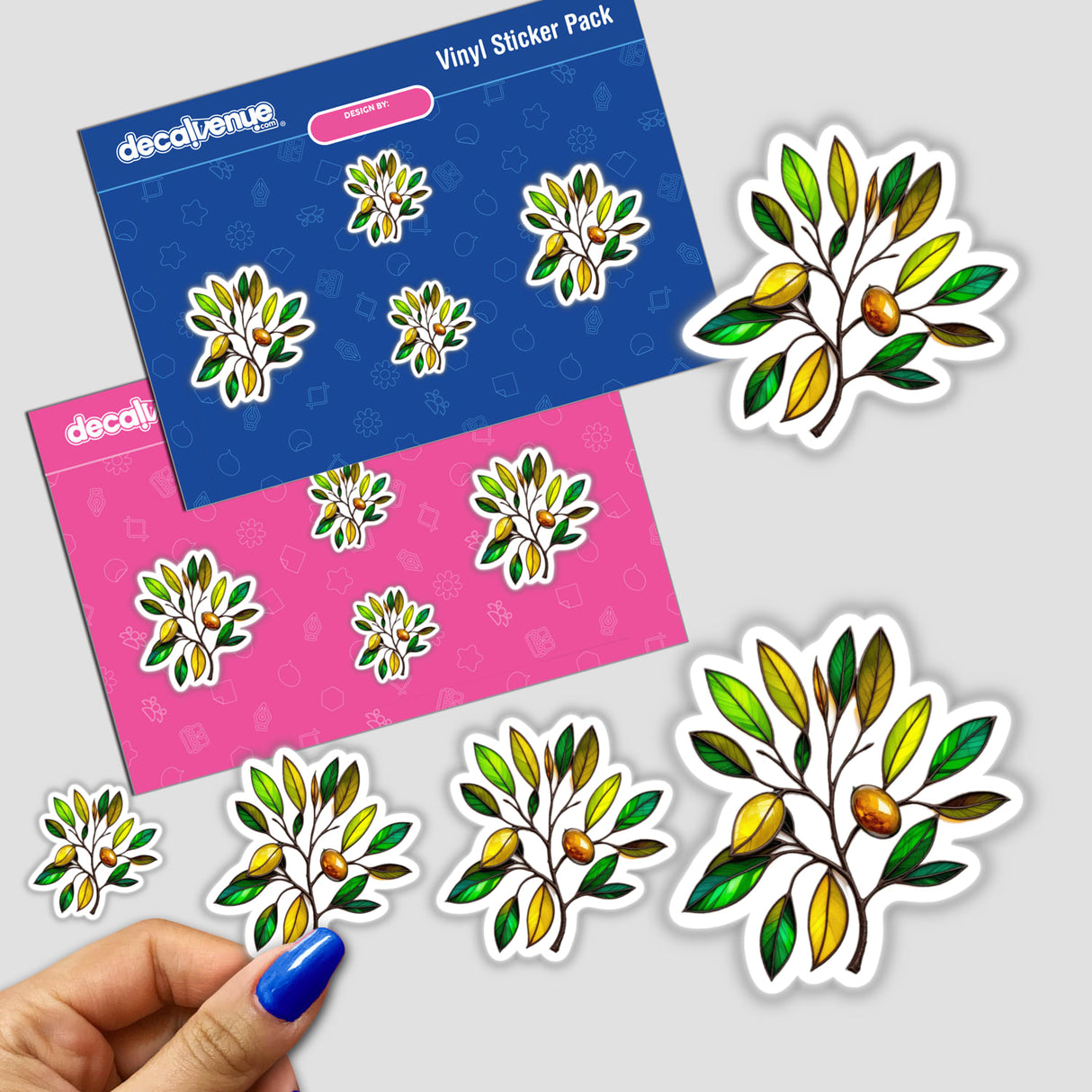 Olive Branch Stained Glass Style stickers featuring intricate leaf and flower designs, available as unique stickers or digital artwork from Decal Venue.