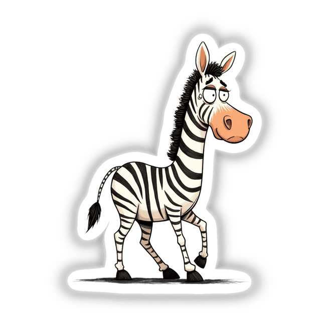 Funny Cartoon Zebra with Big Eyes, depicted with a sad expression, ideal for stickers or digital artwork.
