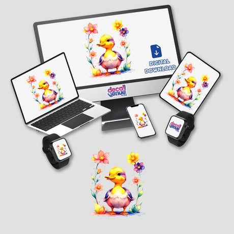 A Cute Baby Duck With Blooming Flowers displayed on a computer monitor and laptop screen, available as stickers or digital artwork from Decal Venue, showcasing cartoonish charm and floral accents.