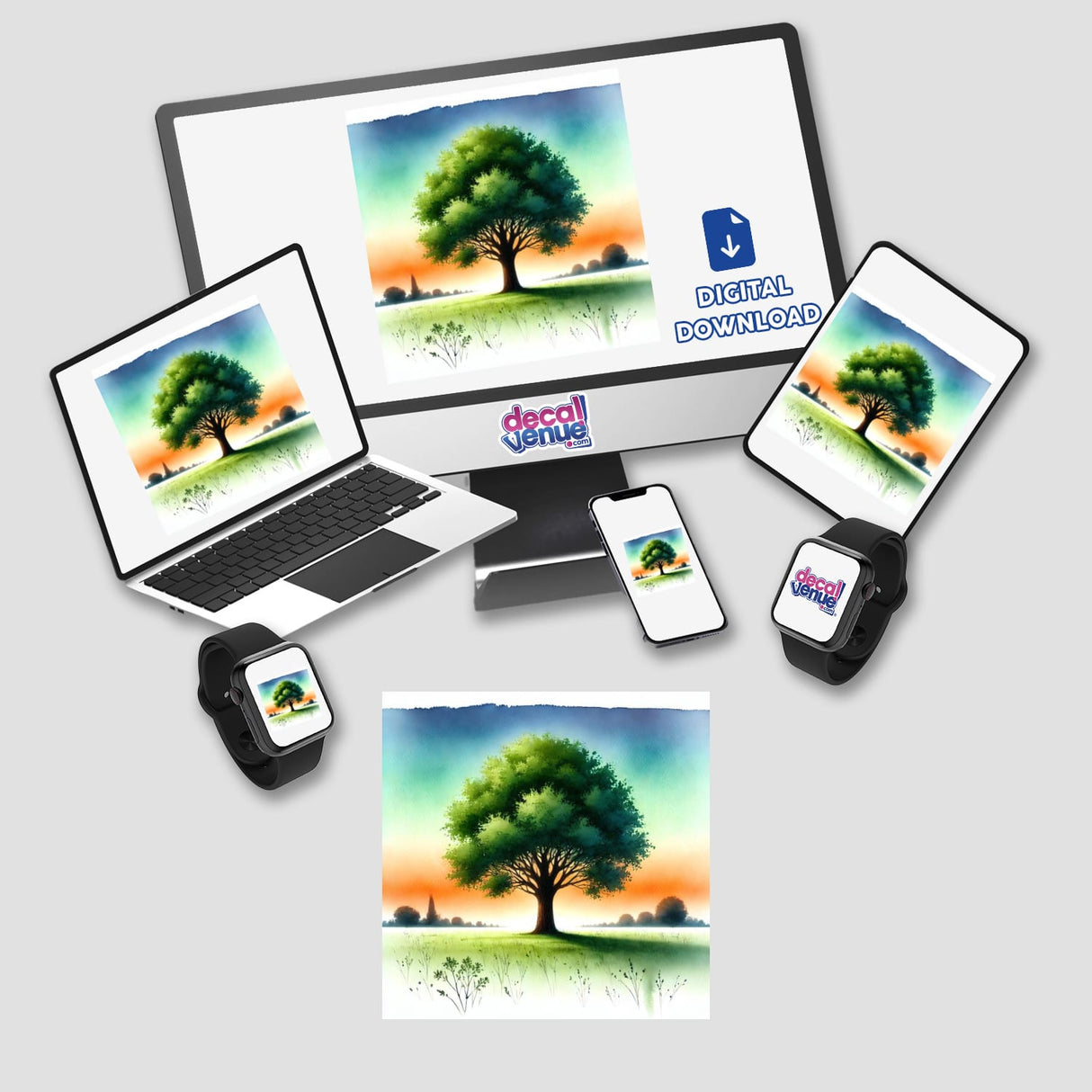 Solitary Tree in Sunset Field - Boho Watercolor Art: Image shows a computer monitor and laptop displaying a solitary tree against a sunset field, available as stickers or digital artwork.