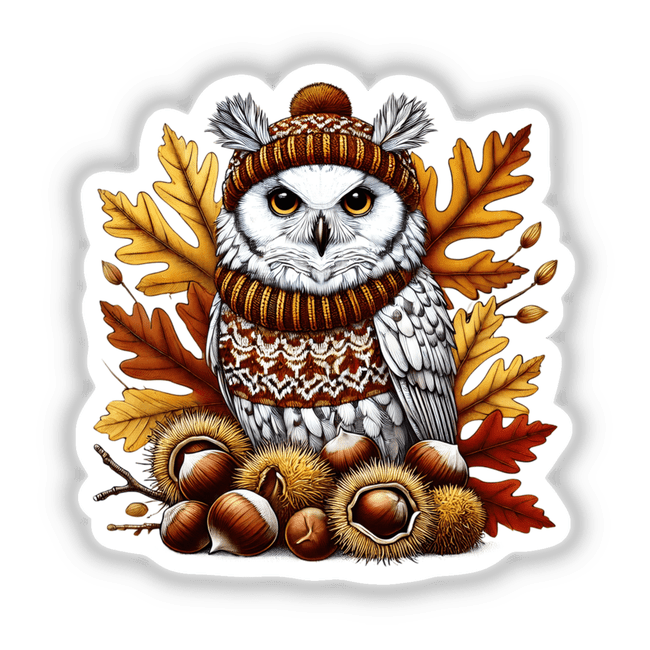Autumn Owl in Cozy Sweater: A white cartoon owl wearing a brown hat and scarf, surrounded by brown leaves and nuts. Available as stickers or digital artwork.