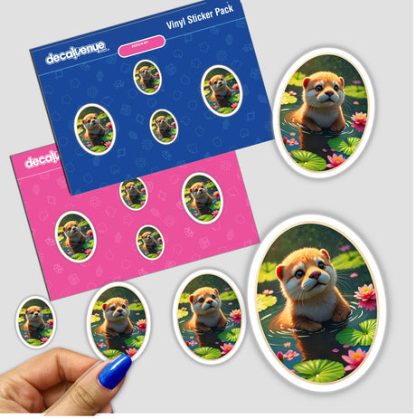 Sticker pack titled Cute Otter In The Water featuring playful illustrations of small animals in water, including a cartoon fox in a pond. Available as stickers or digital artwork.