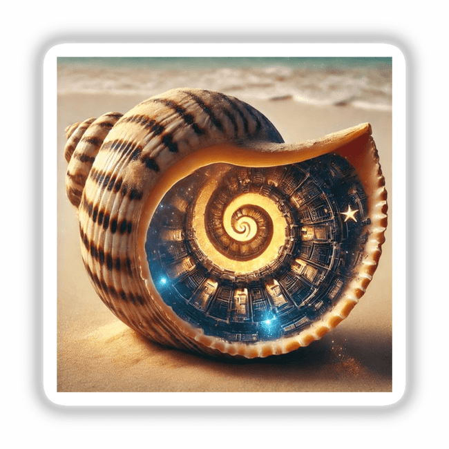 Close-up of a spiral shell with a miniature city inside, titled Galactic Shipwreck Spaceship Ruins Inside a Seashell, available as stickers or digital artwork.