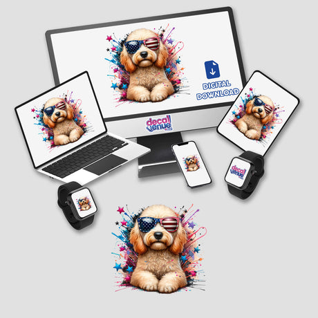 Party in the USA Goldendoodle Dog featuring a cartoon dog with sunglasses, available as stickers or digital artwork, ideal for fans of unique vinyl stickers and digital art from Decal Venue.