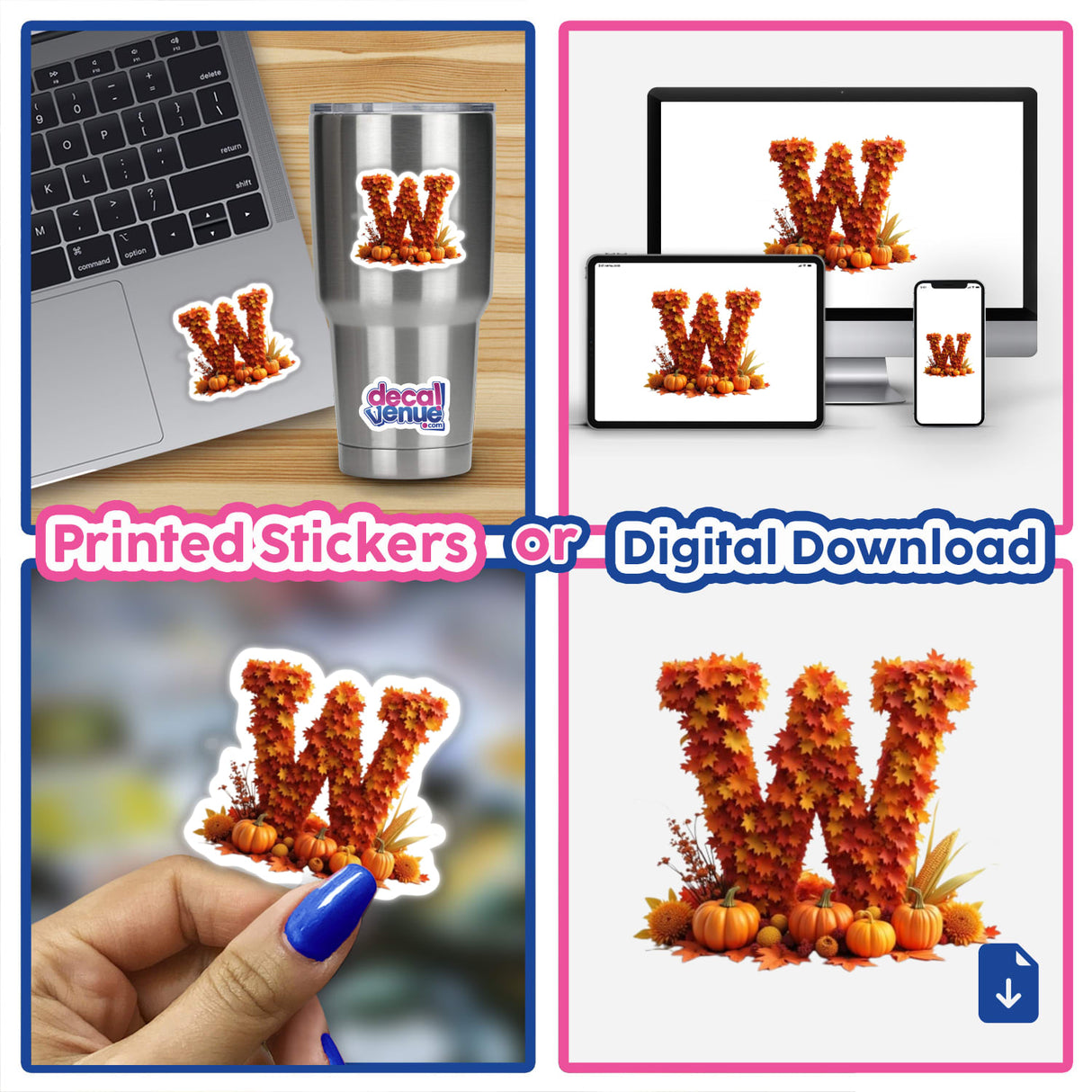 Thanksgiving Letter W Clipart - Fall Leaves and Pumpkins Design, available as stickers or a digital download, displayed on a laptop and close-up views of the intricate design elements.