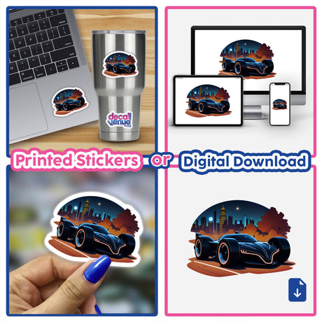 Collage featuring a futuristic electric race car, displayed as unique vinyl stickers or digital artwork, capturing sleek designs and dynamic elements, suitable for enthusiasts at Decal Venue.
