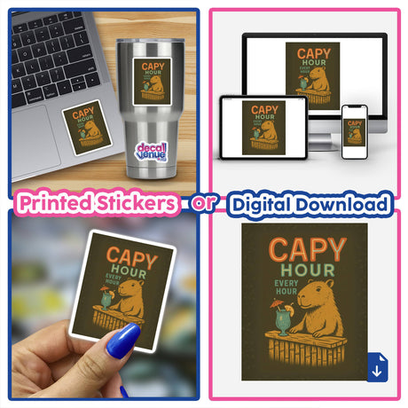 Capy Hour Sticker or Clipart featuring a tropical capybara bar design, showing a playful capybara with a drink. Available as stickers or digital artwork with commercial rights.
