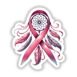 Dream Catcher Pink Ribbon Breast Cancer design featuring a pink ribbon with feathers and a dream catcher, available as stickers or digital artwork.