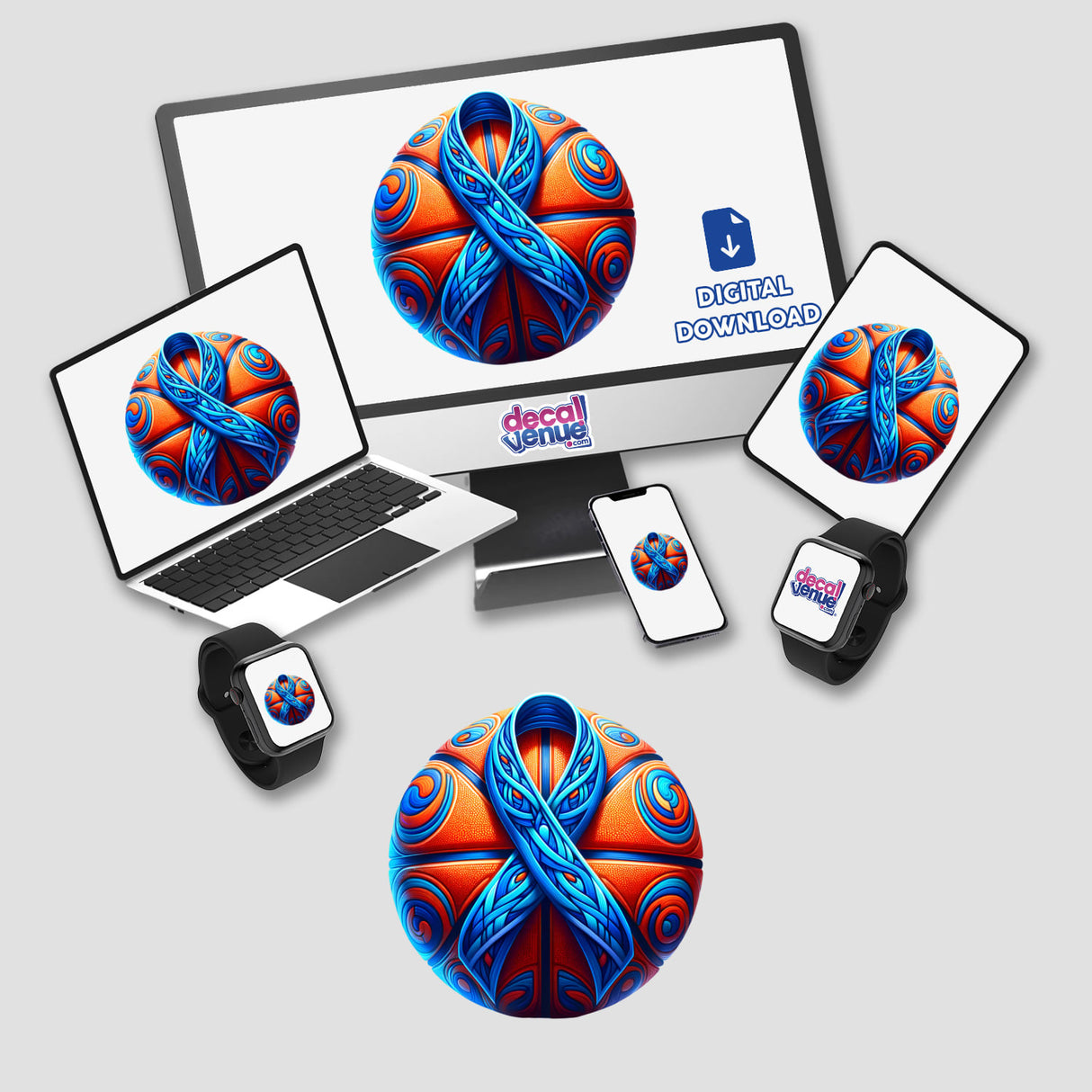 Basketball Blue Ribbon Colon Cancer Awareness sticker or digital artwork featuring a blue ribbon on a basketball displayed on a laptop and monitor screen.