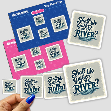 Hand holding Shall We Gather at the River Typography Art Sticker or Clipart, showcasing intricate text design. Available as stickers or digital artwork with commercial rights.