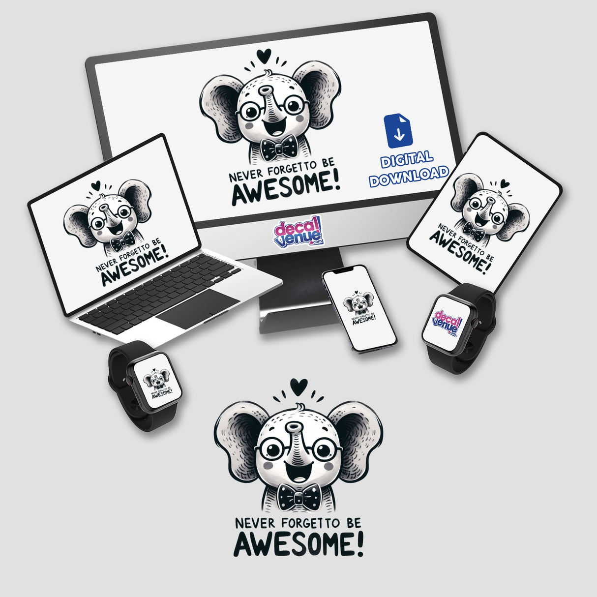 Computer monitor and laptop displaying cartoon elephants with the title Elephant Never Forget To Be Awesome, available as stickers or digital artwork.