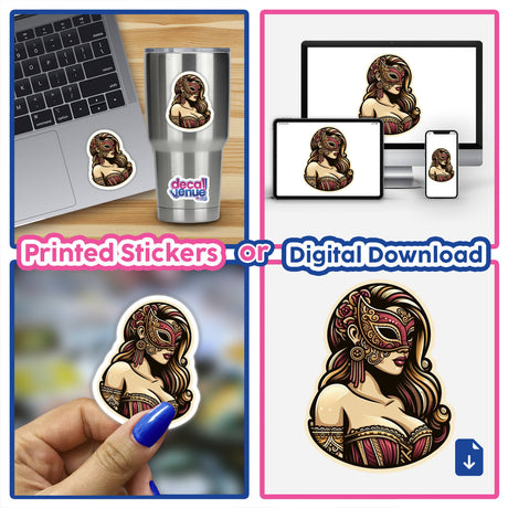 Collage featuring Masked Woman stickers and digital artwork, highlighting a woman with a mask on a laptop, a close-up finger, a silver cup with the design, and a drawing in progress.