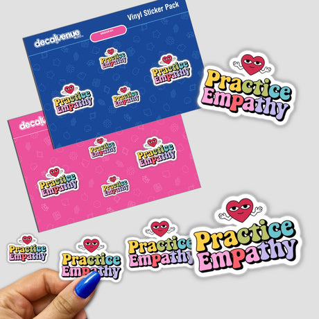 Practice Empathy sticker pack featuring a cartoon character and heart logo, designed for promoting kindness and connection, perfect for personalizing surfaces with durable, inspiring vinyl stickers.