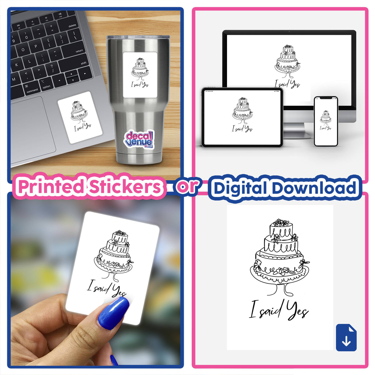 Collage featuring I said Yes cake design on a laptop sticker and digital artwork, alongside a phone and various creative elements, representing Decal Venue's unique art offerings.