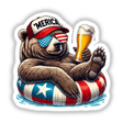 Grizzly Bear American Flag Float Merica: Illustration of a bear wearing sunglasses and a hat, holding a beer, available as stickers or digital artwork.